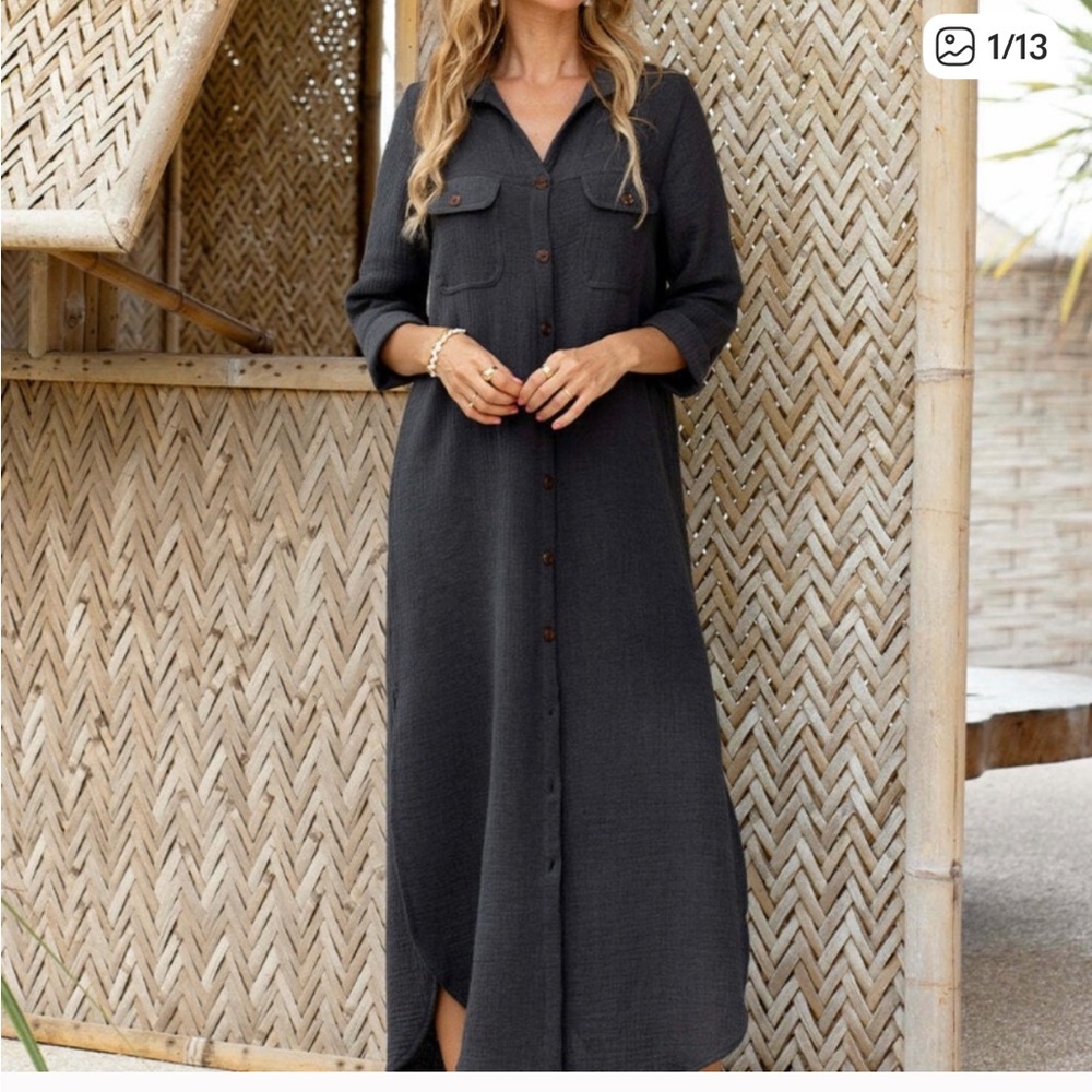 Nomad the Label Valentina Linen Blend Shirt Dress Charcoal Aus 16